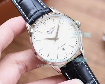 Replica Longines White Dial Black Leather Strap 41mm Men's Watch